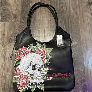 NWT Ed Hardy Black Tote with Skull and Roses